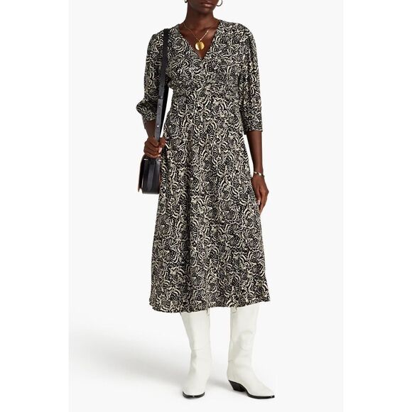 NWOT ba&sh Loa Midi 3/4 Sleeve V-Neck Black Printed Flowy Dress Size 3 - Picture 1 of 9
